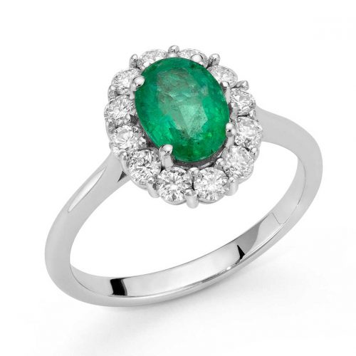 White gold ring with diamonds and oval emerald DonnaOro Jewels