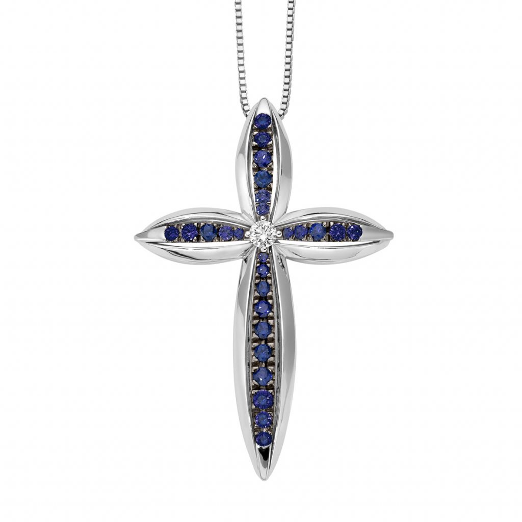 Cross pendant white gold with diamond and sapphires - DonnaOro jewels