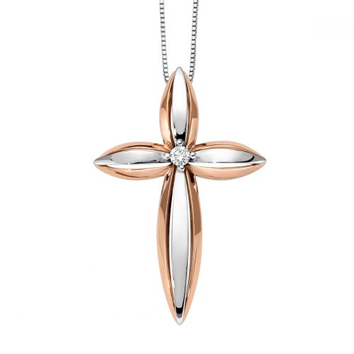 Cross pendant in white and rose gold with diamond